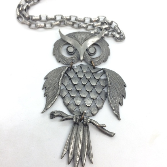 VINTAGE OWL NECKLACE PEWTER COLOR ARTICULATED ANTIQUED SILVER TONE LARGE - Picture 6 of 12